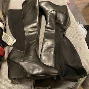 Wide calf knee high wedge boots